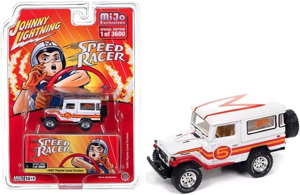 1/64 Diecast Model Car Johnny Lightning 1980 Toyota sprawl memo Land Cruiser White with Red and Yellow Stripes Speed Racer Livery Limited Edition to 3600 Pieces Worldwide 