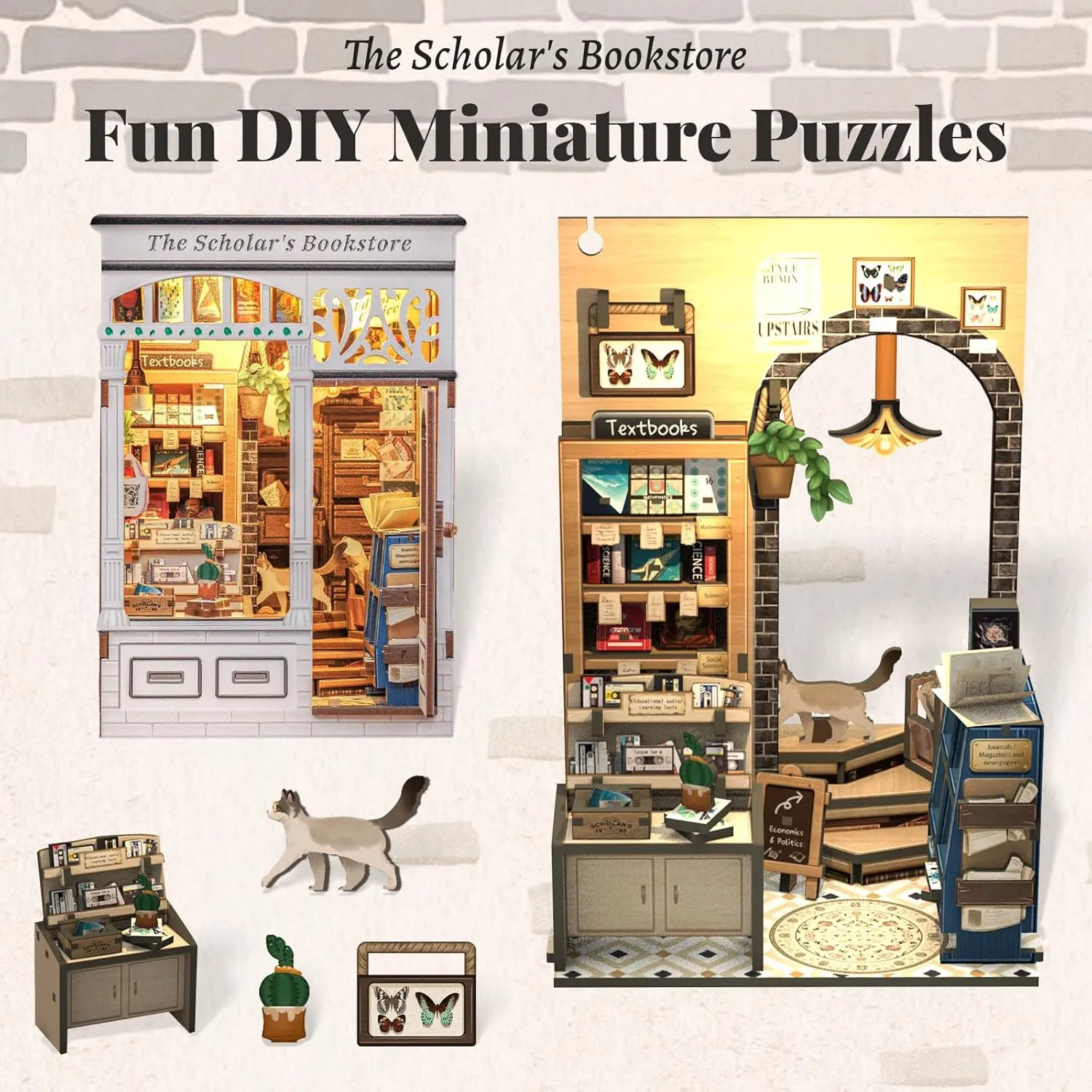 168 Wooden Pieces, Gifts for Women Book Lovers(The Scholar's Bookstore) Fsolis Book Nook Kit - DIY Miniature Dollhouse Kit curtain terrorism 3D Puzzles for Adults Tiny House Mini Booknook Craft Bookshelf Decor, 