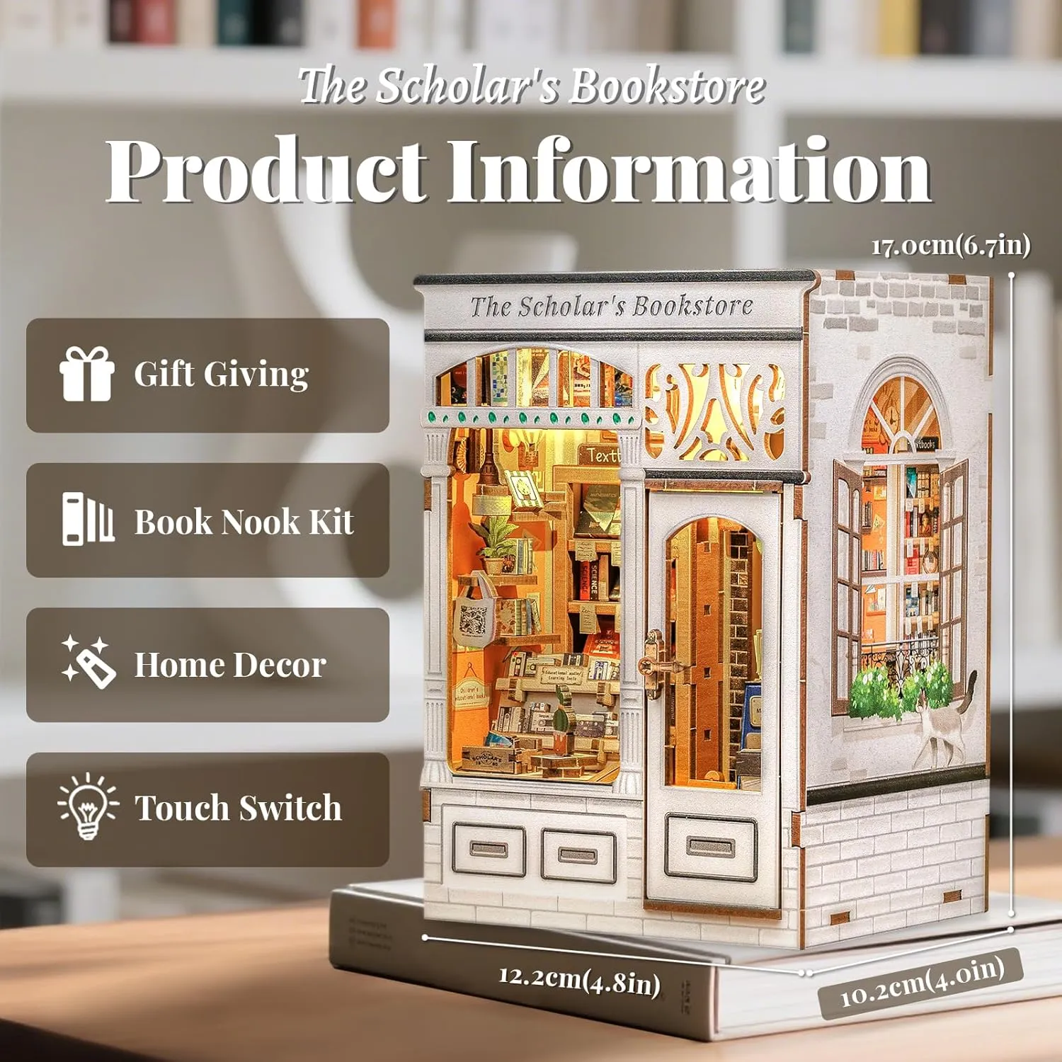 168 Wooden Pieces, Gifts for Women Book Lovers(The Scholar's Bookstore) Fsolis Book Nook Kit - DIY Miniature Dollhouse Kit curtain terrorism 3D Puzzles for Adults Tiny House Mini Booknook Craft Bookshelf Decor, 