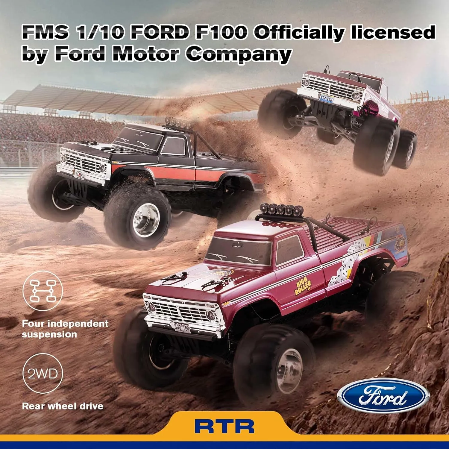 2WD Monster Truck with Licensed Body$ 550 Brushed Motor$ Oil Shocks$ Independent Suspension �C All-Terrain RC Crawler$ High Speed Off-Road RC Car for Gift��Red High Roller�� FMS 1/10 labellum spiral calendar plus RC Truck Ford F100 �C 