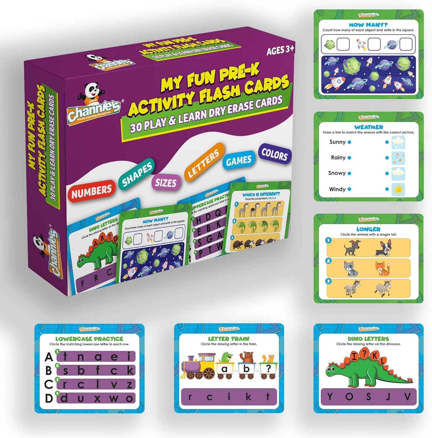 30 speciality Preschool Dry-Erase Educational Cards for Kids Ages 3 $ Playful Learning Activities Like Games$ Colors$ Letter & Number Tracing$ Counting$ and More Channie's My Fun Pre-K Activity Flash Cards$ 