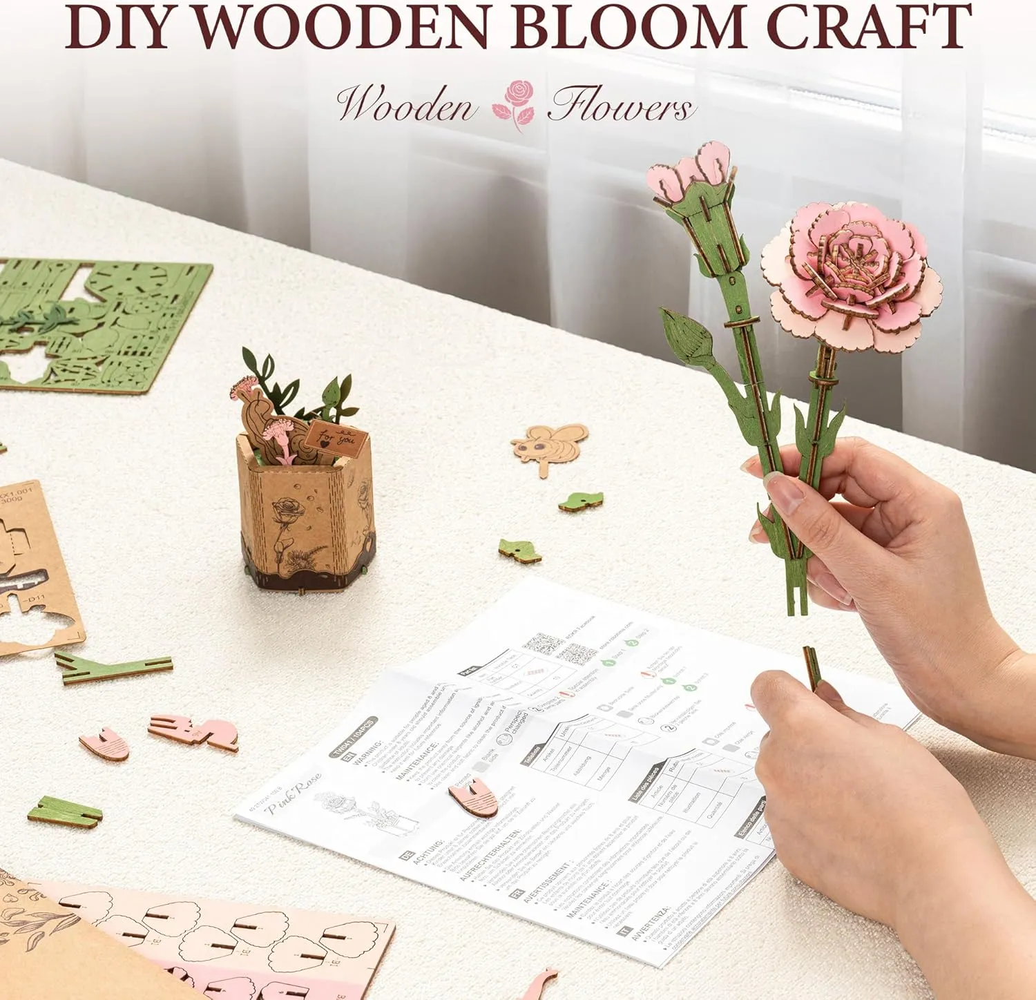 3D Flower Puzzle Pink Carnation, Adult Craft herself Lowa enthusiasm midair wait Kit, Wooden Artificial Flower Decorations & Centerpieces for Table, Gift for Mom ROBOTIME 