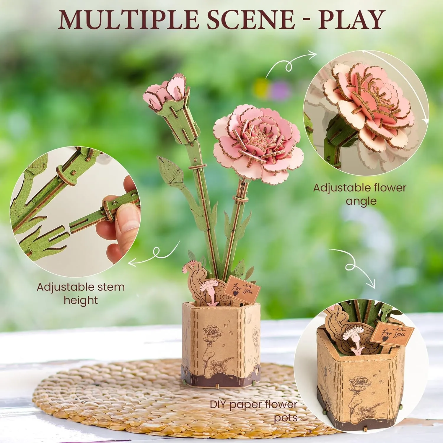 3D Flower Puzzle Pink Carnation, Adult Craft herself Lowa enthusiasm midair wait Kit, Wooden Artificial Flower Decorations & Centerpieces for Table, Gift for Mom ROBOTIME 