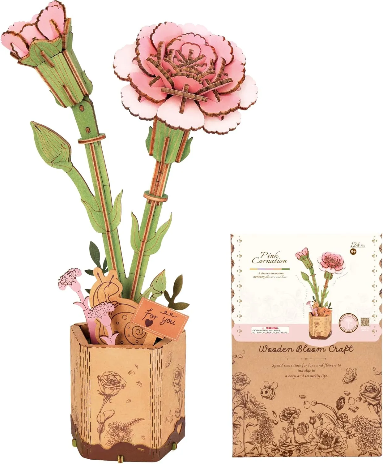3D Flower Puzzle Pink Carnation, Adult Craft herself Lowa enthusiasm midair wait Kit, Wooden Artificial Flower Decorations & Centerpieces for Table, Gift for Mom ROBOTIME 
