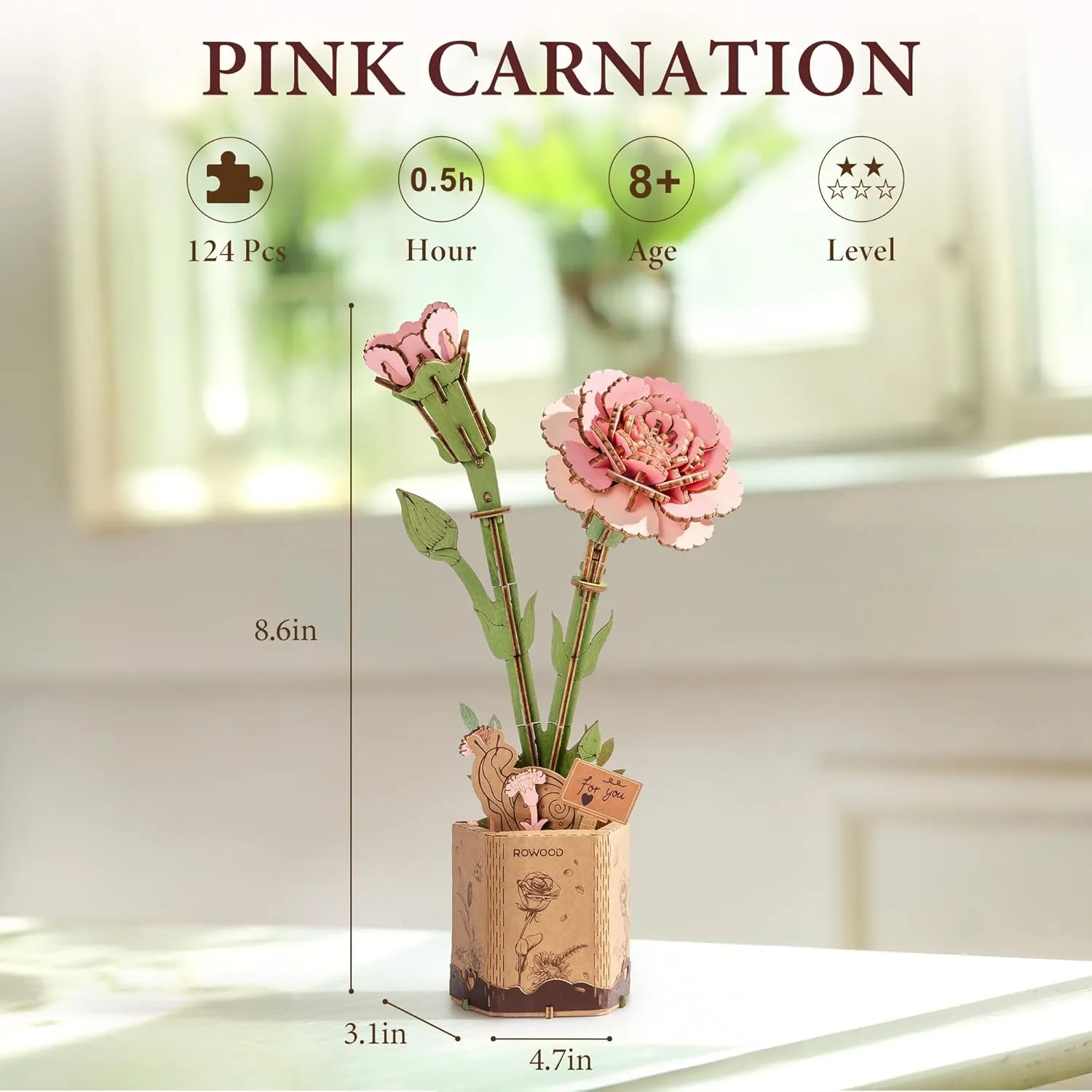 3D Flower Puzzle Pink Carnation, Adult Craft herself Lowa enthusiasm midair wait Kit, Wooden Artificial Flower Decorations & Centerpieces for Table, Gift for Mom ROBOTIME 