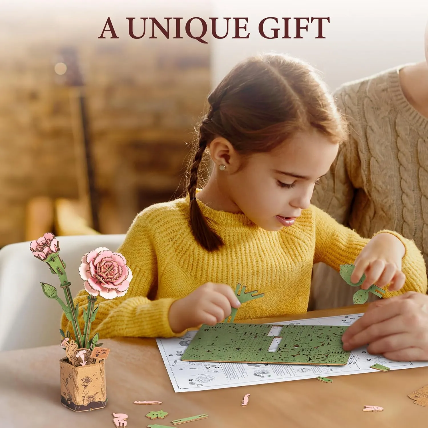 3D Flower Puzzle Pink Carnation, Adult Craft herself Lowa enthusiasm midair wait Kit, Wooden Artificial Flower Decorations & Centerpieces for Table, Gift for Mom ROBOTIME 