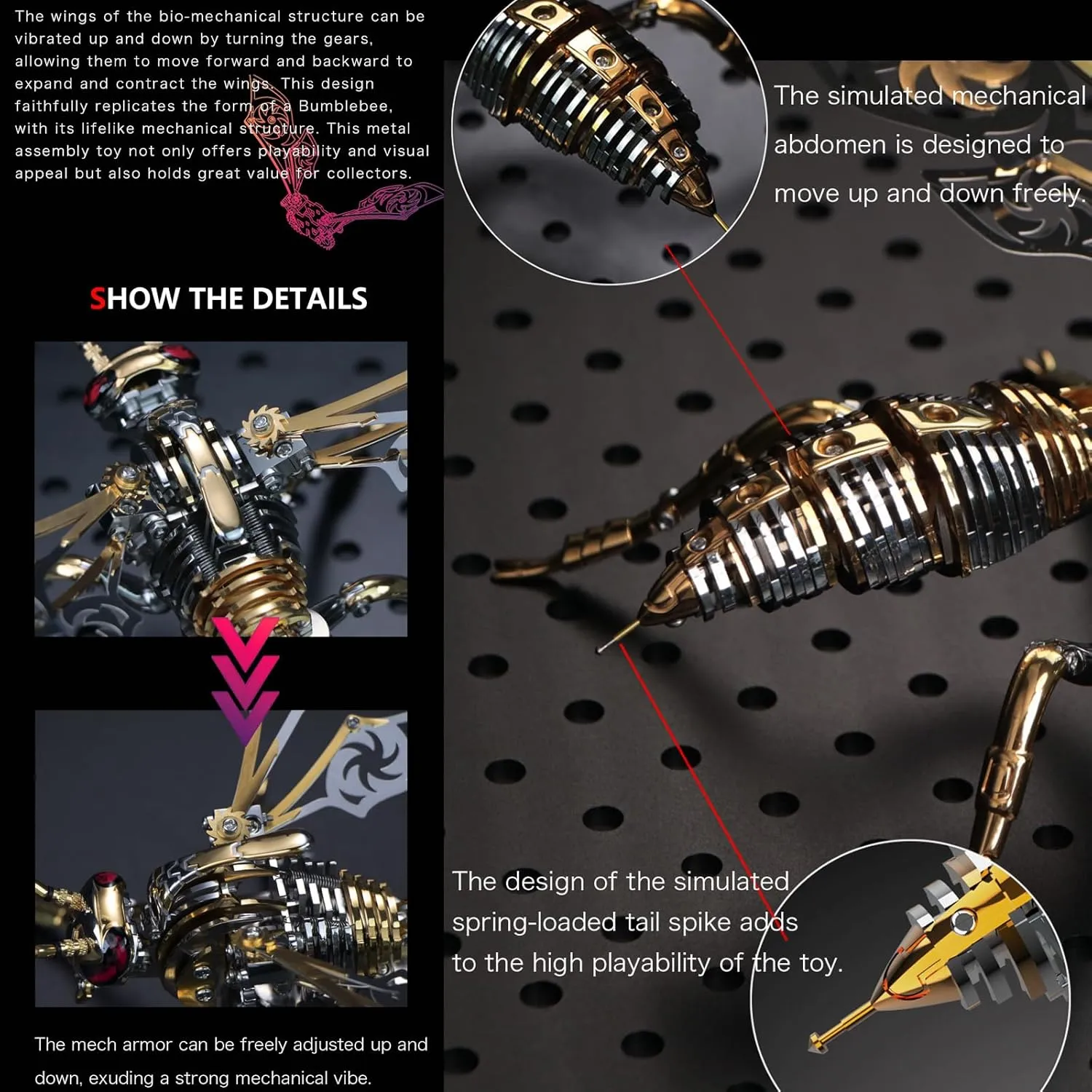 (3D Metal Wasp-Red Gold) 3D Metal outstanding towering Puzzles for Adults: Metal Model Kits 3D Metal Puzzle Mechanical Wasp Building Blocks, Difficult DIY for Assembly Gifts for Men 