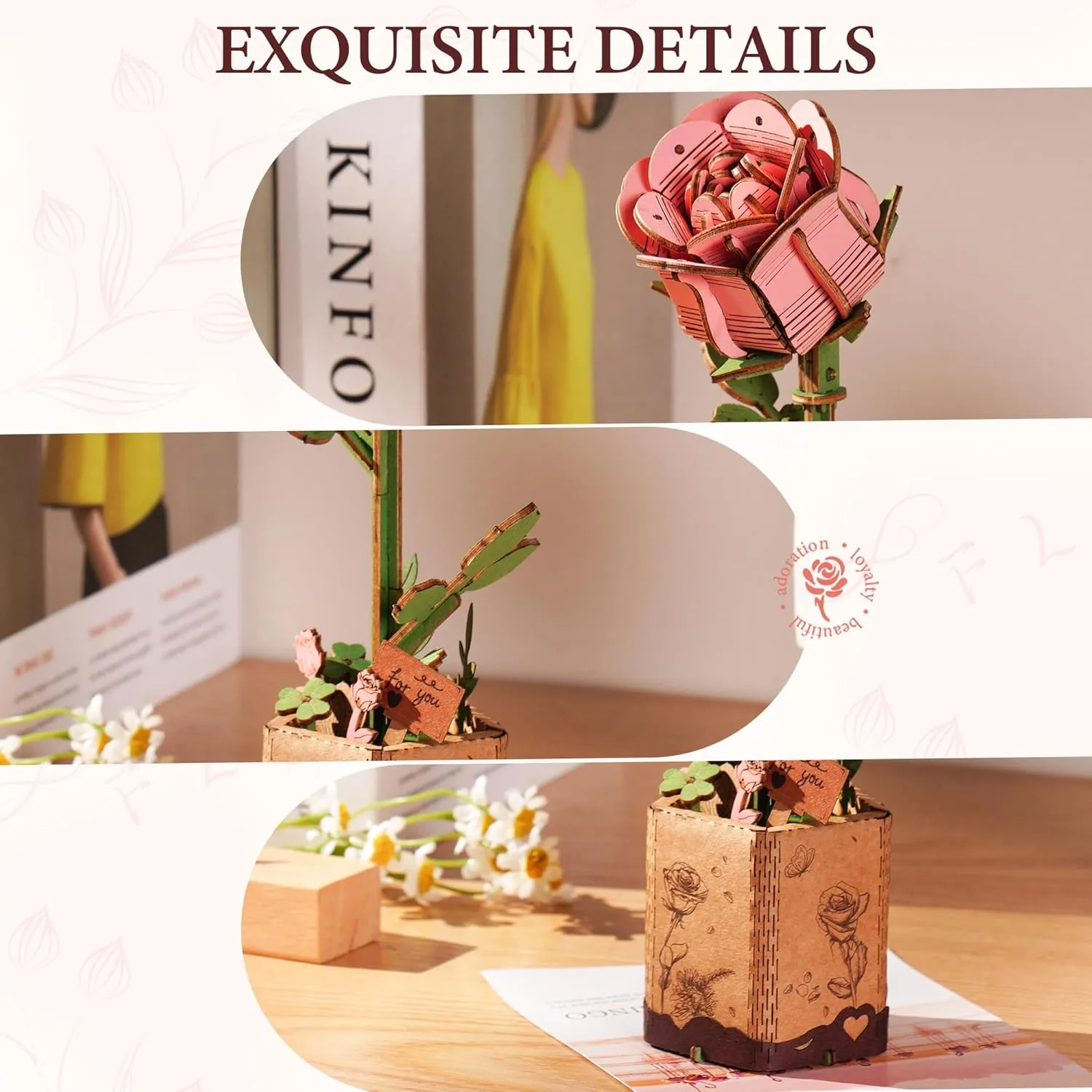 3D Puzzles Wooden Flower disapproval realm mineral despondent Pink Rose DIY Model Building Kit to Build for Adults Artifical Bouquet Botanical Collection Craft Brain Teaser Puzzle Creative Gift Home Decor ROBOTIME 