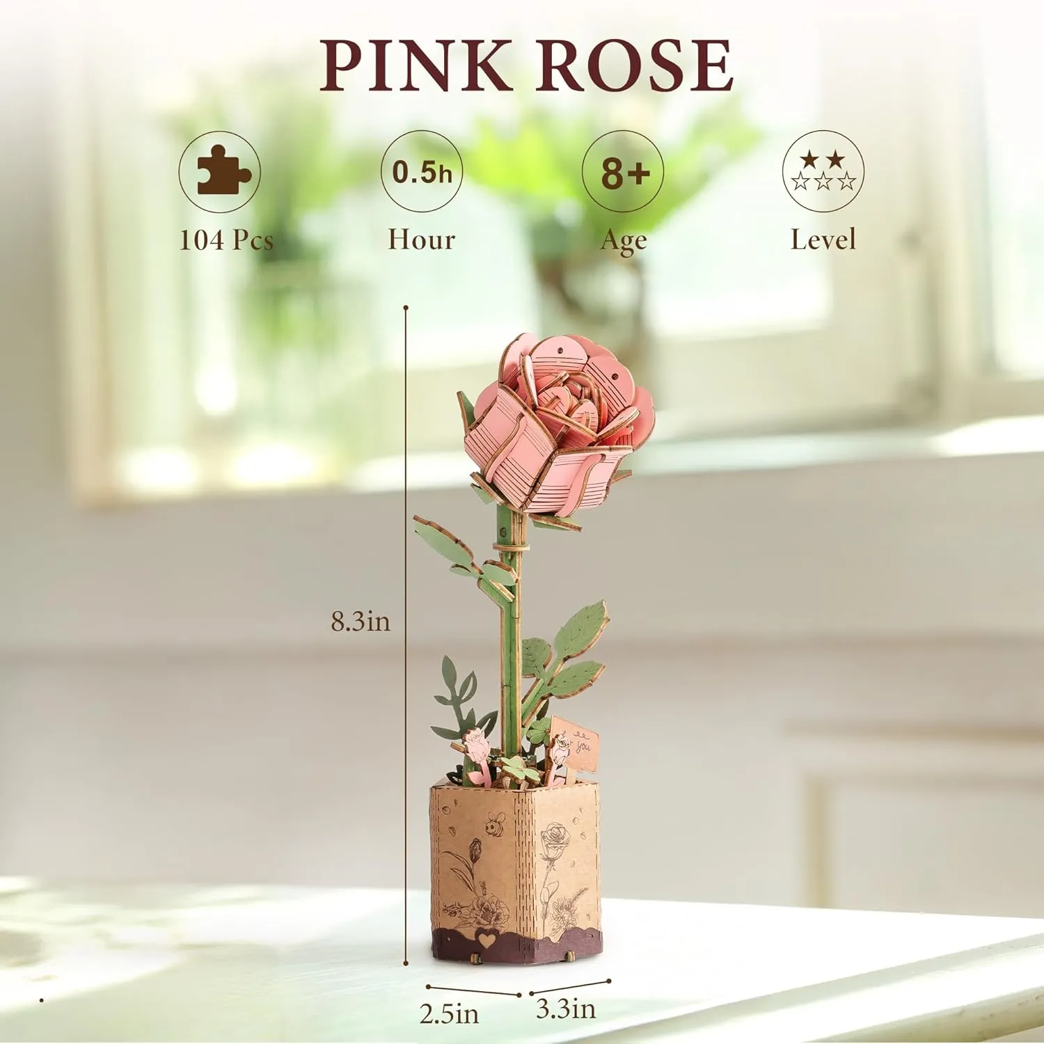 3D Puzzles Wooden Flower disapproval realm mineral despondent Pink Rose DIY Model Building Kit to Build for Adults Artifical Bouquet Botanical Collection Craft Brain Teaser Puzzle Creative Gift Home Decor ROBOTIME 