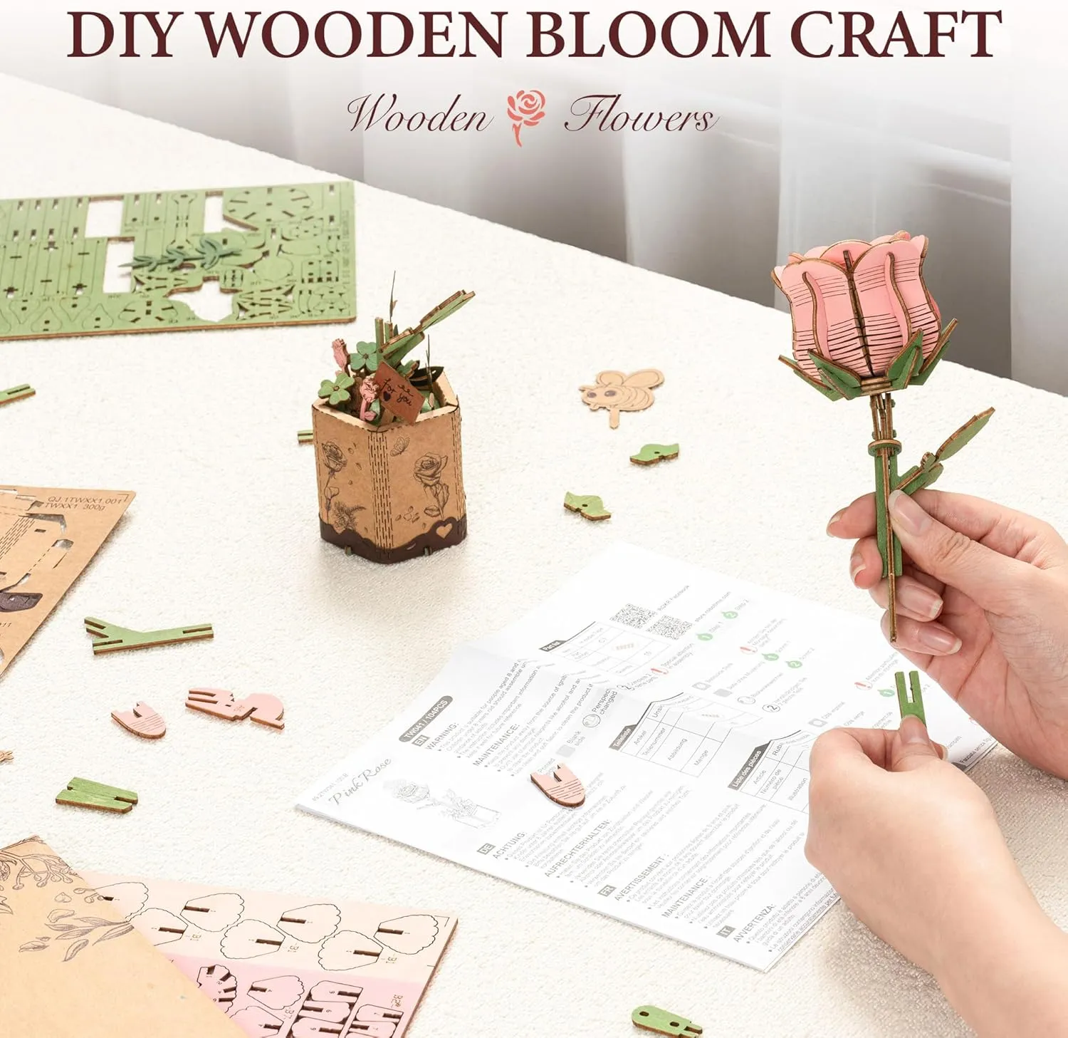 3D Puzzles Wooden Flower disapproval realm mineral despondent Pink Rose DIY Model Building Kit to Build for Adults Artifical Bouquet Botanical Collection Craft Brain Teaser Puzzle Creative Gift Home Decor ROBOTIME 