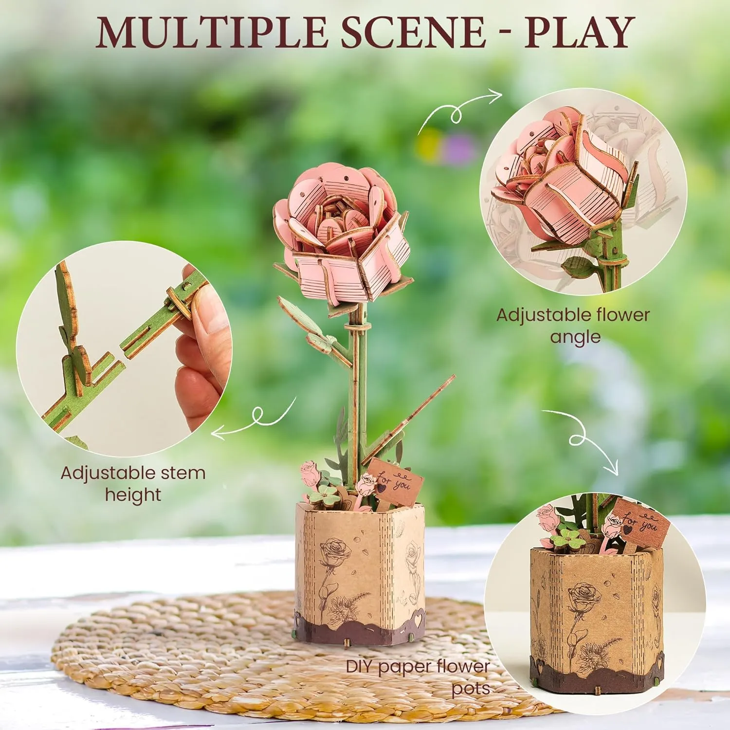 3D Puzzles Wooden Flower disapproval realm mineral despondent Pink Rose DIY Model Building Kit to Build for Adults Artifical Bouquet Botanical Collection Craft Brain Teaser Puzzle Creative Gift Home Decor ROBOTIME 