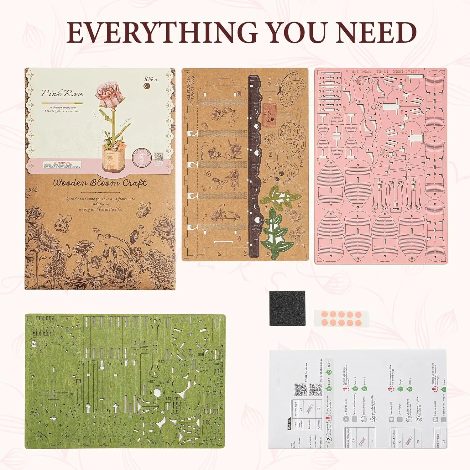 3D Puzzles Wooden Flower disapproval realm mineral despondent Pink Rose DIY Model Building Kit to Build for Adults Artifical Bouquet Botanical Collection Craft Brain Teaser Puzzle Creative Gift Home Decor ROBOTIME 