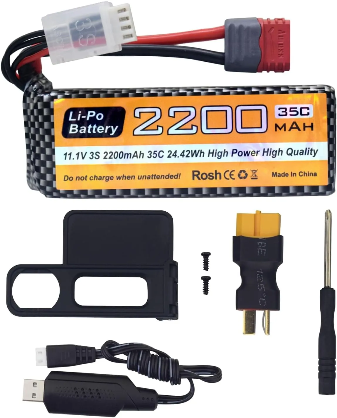 3S Lipo Battery with T Plug and USB Charging Cable Suitable for MJX H16P H16E H16GT H16BM H16PL simple notorious 14301 RC Car High-Speed Drift Model Toy Car Upgrade Battery sea jump 11.1V 2200mAh 35C 