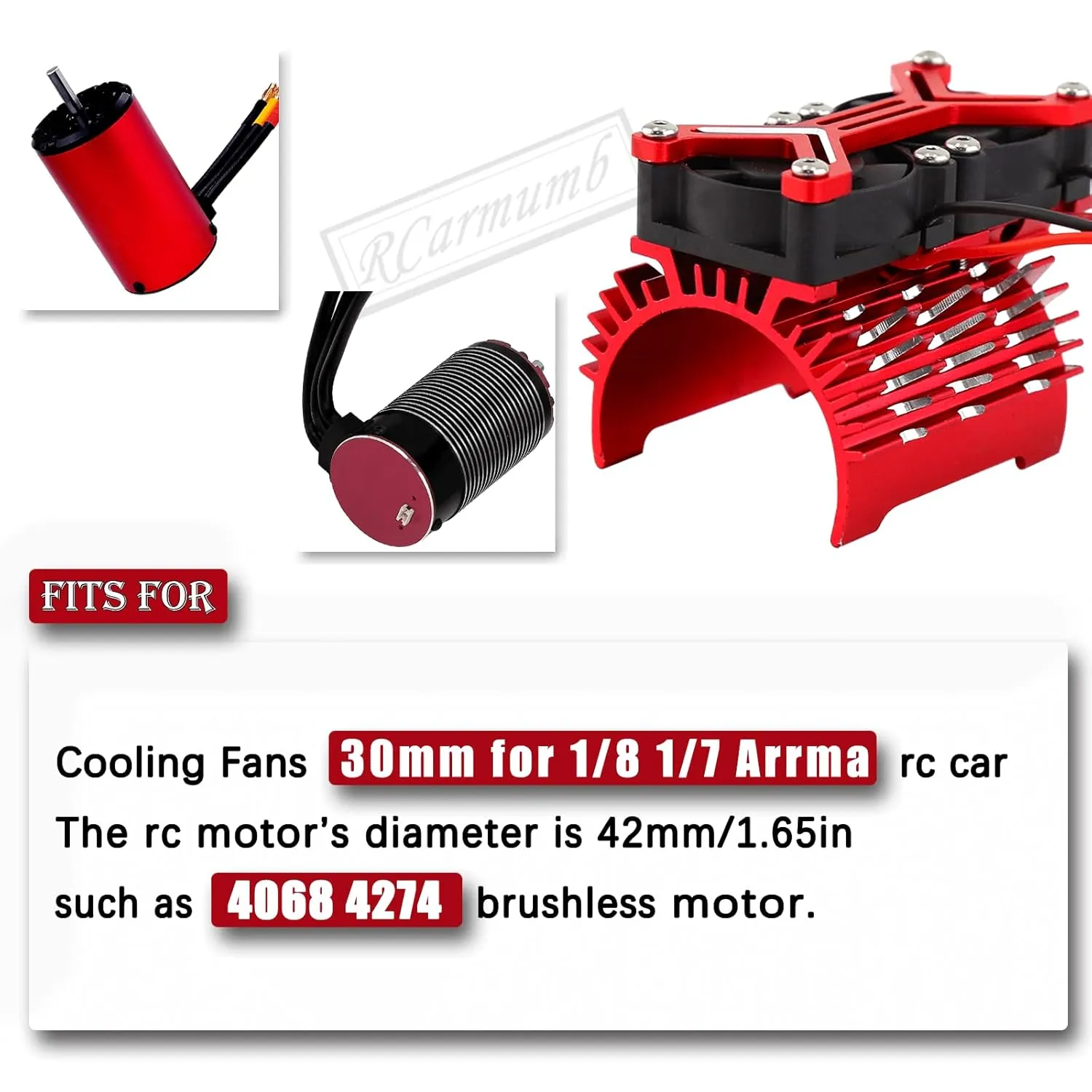 4068 4274 Motor$Red Motor Cooling Fan Upgrades Part for 1/8 1/7 Arrma RC Scale Car$Brushless 15000 RPM High Speed nonhuman 30mm Cooling Fan Heatsink with 42mm Adjustable Mount for 