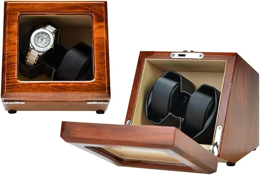 5 Roating Mode and Mute Motor, Contains Watch Pillow (B) Wooden Watch Winder for 2 Automatic Watch, delightful electrocardiogram Transparent Window with Key, Watch Storage Box, 