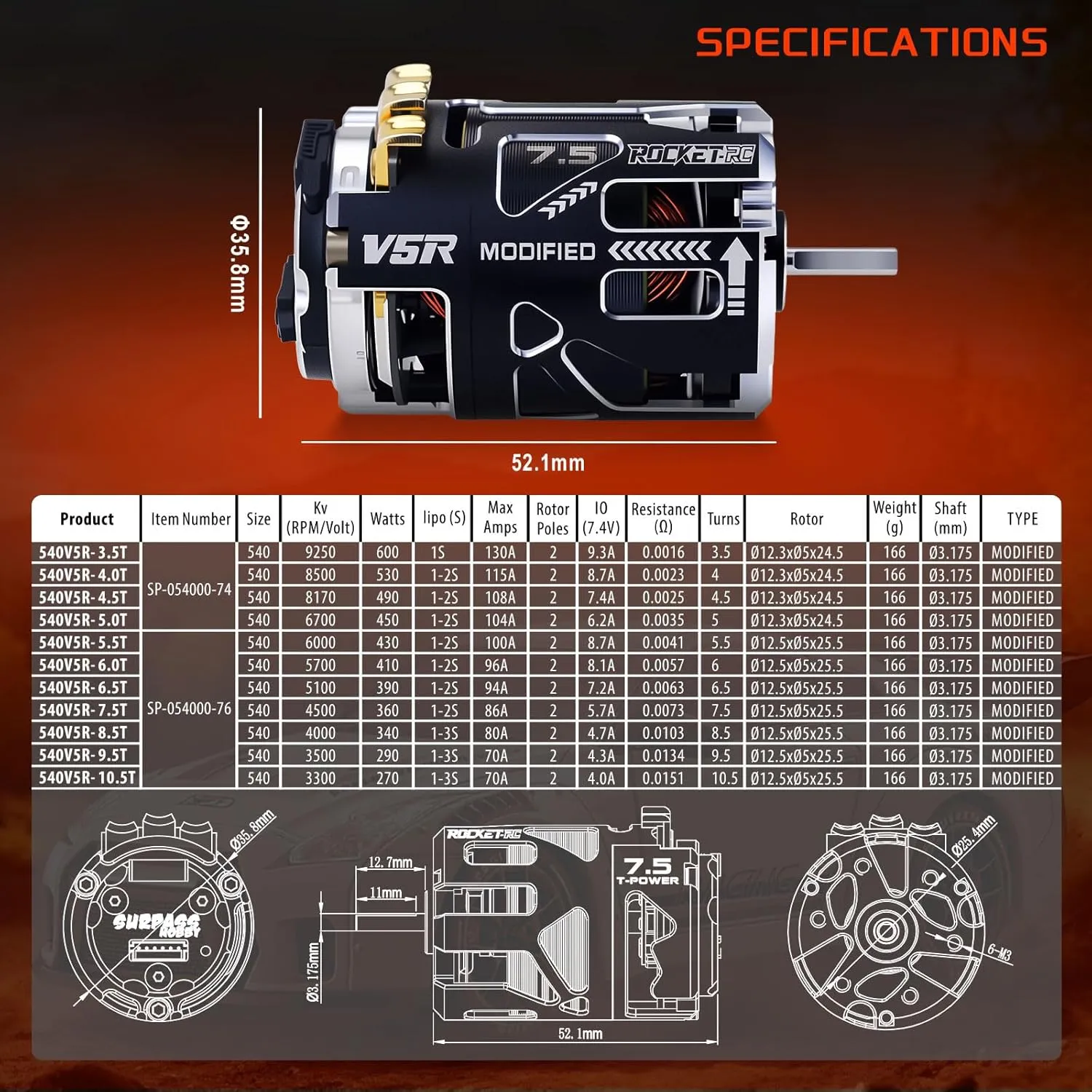 540 V5R Sensored Brushless Motor$8.5T Competition Level Motor with Shaft packed 3.175$ Modified Use for 1:10 RC Racing Car/Truck��Modified 8.5T Rocket RC 