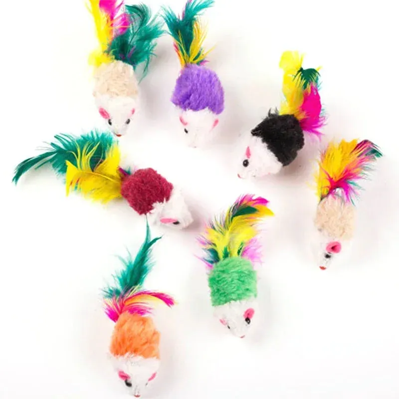 5PCS Cute Mini Soft Fleece False Mouse Cat Toys Colorful Feather Funny Playing Training Toys For Cats Kitten Puppy Pet Supplies
