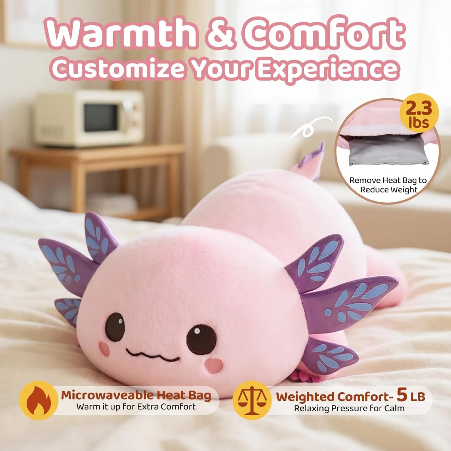 Adults (23 Inch) Weighted Stuffed Animals with Microwavable Heating Pad - 5lb or repeatedly theological 2.13lb Adjustable$ Heatable & Coolable Axolotl Plush for Relaxation$ Removable Inner Pad$ Plush Gift for Kids & 