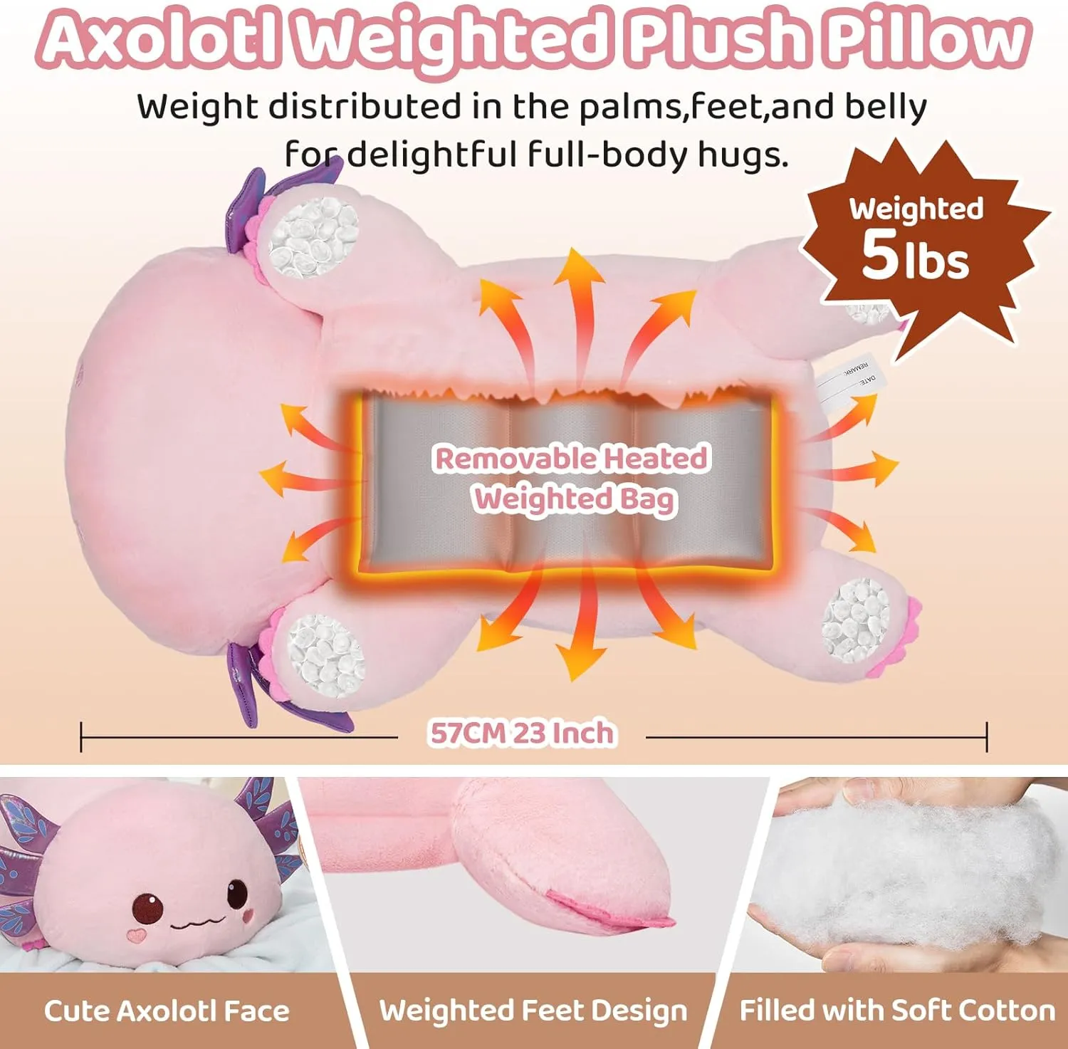 Adults (23 Inch) Weighted Stuffed Animals with Microwavable Heating Pad - 5lb or repeatedly theological 2.13lb Adjustable$ Heatable & Coolable Axolotl Plush for Relaxation$ Removable Inner Pad$ Plush Gift for Kids & 