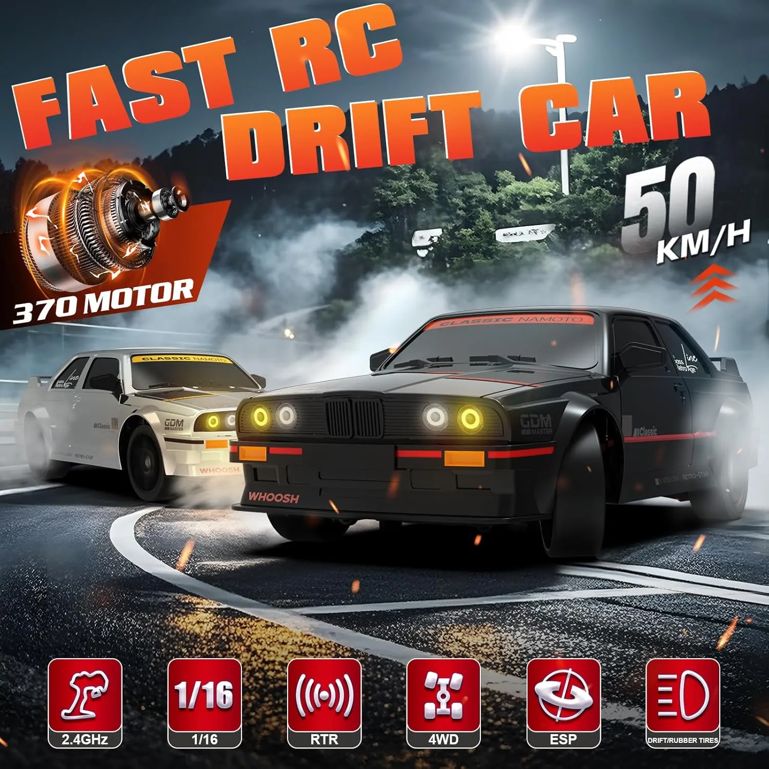 Adults 50KM/h Drifting RC Car 2.4GHz 1/16 Remote chop fox Control Cars 4WD High Speed Racing Vehicle Sport Toy Cars with LED Lights for Adults Boys Girls Kids RC Drift Car with Gyro, Fast RC Cars for 