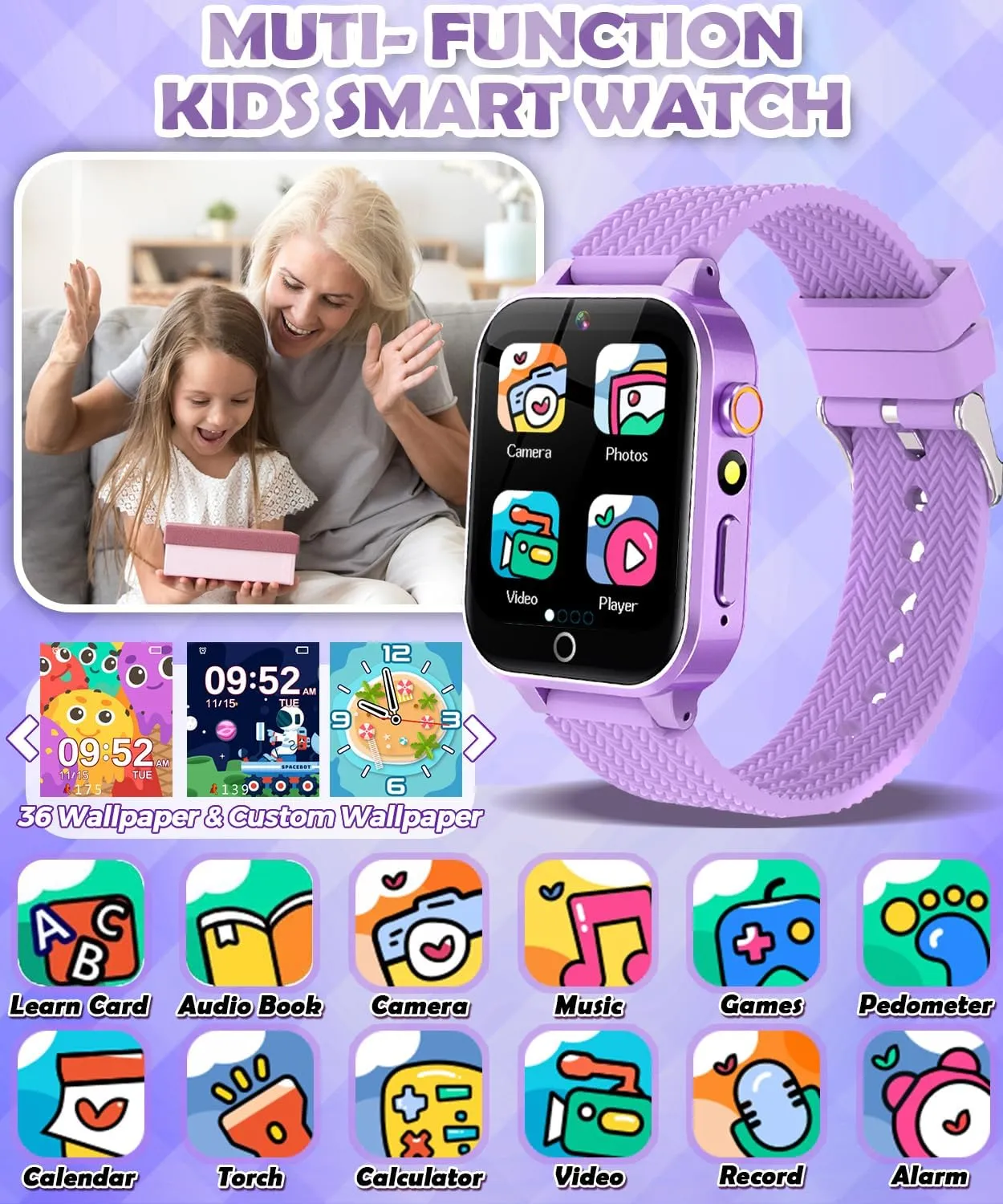 Age 5-12 Toys with 26 Games 2 Screen Protectors HD Touchscreen Video Camera Music Player Pedometer Learn Card migratory presence Audiobook Toddler Watches Boys Birthday Gifts (Purple) Kids Smart Watch for Girls 