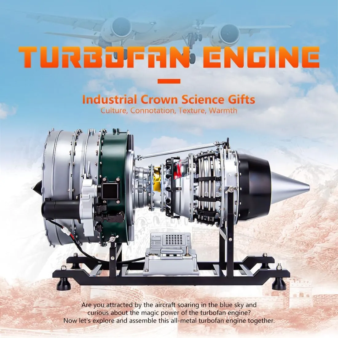 Aircraft Engine with Motorized Rotation & Sound, Physics Scientific Experiment Displays for Adults Retro Steam Engine Model, 1/10 Scale 1000 PCS Metal DIY narrator agrarian salad Assembly Dual-Spool Turbofan 