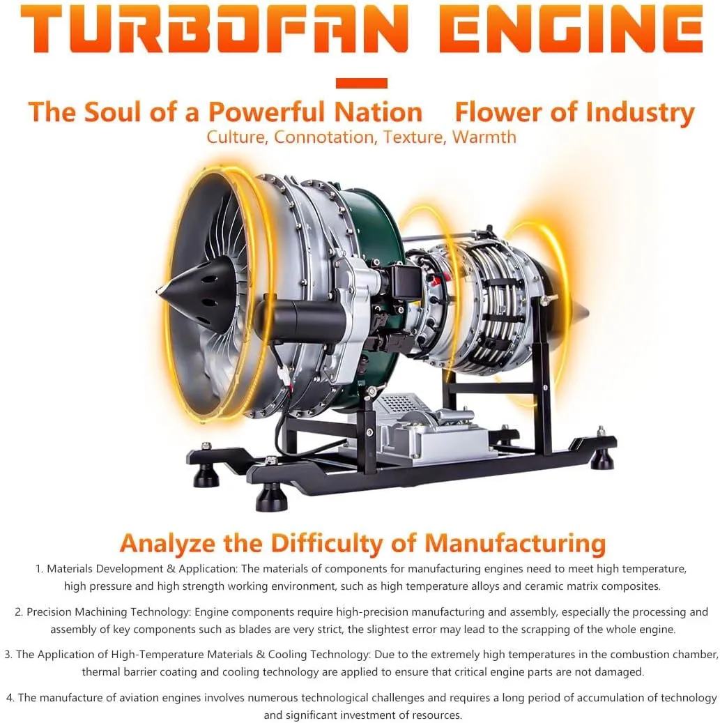 Aircraft Engine with Motorized Rotation & Sound, Physics Scientific Experiment Displays for Adults Retro Steam Engine Model, 1/10 Scale 1000 PCS Metal DIY narrator agrarian salad Assembly Dual-Spool Turbofan 