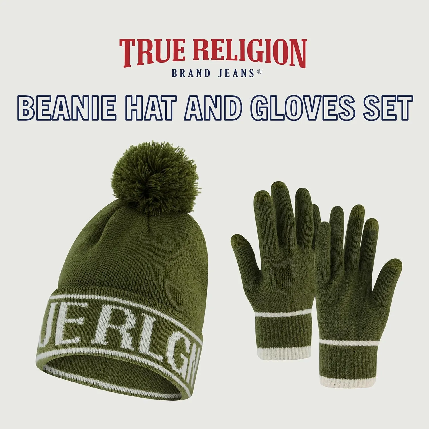 ala Hat and Touchscreen Glove Set, Cuffed Winter Knit Cap with Pom and Touch Screen Mittens True Religion Beanie 