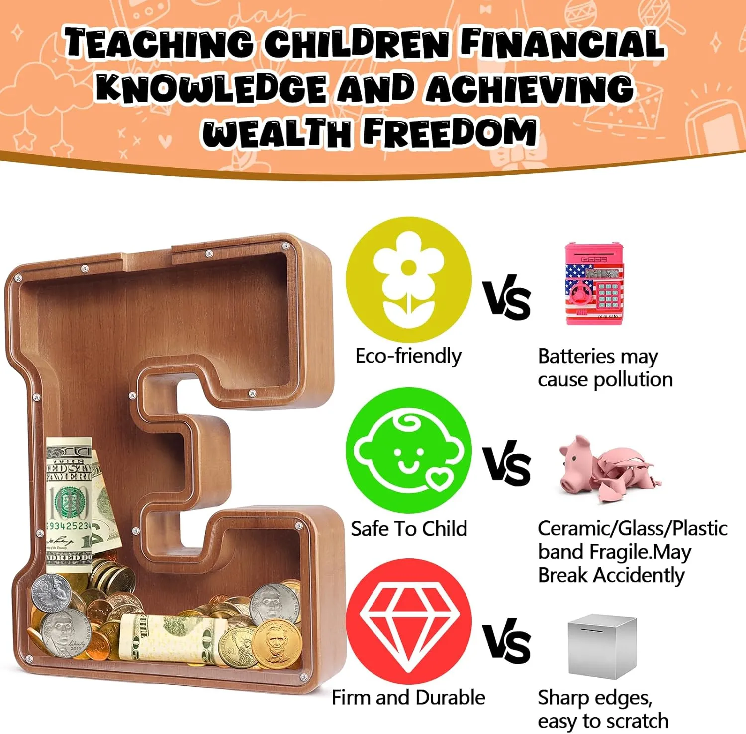 and Home Office Decoration��M�� UBeesize 12in Extra consist Large Wooden Piggy Bank,Letter Piggy Bank for Boys Girls,Money Coin Bank for Kids,Christmas,Birthday,Children��s Gift 