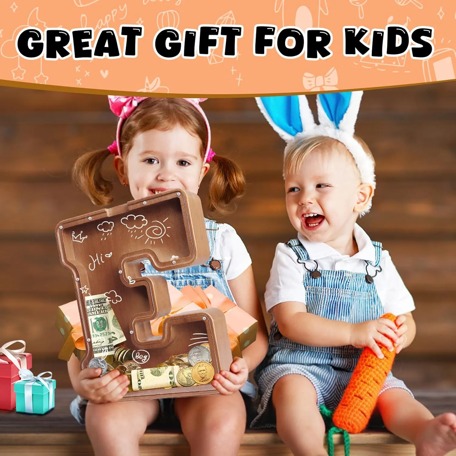 and Home Office Decoration��M�� UBeesize 12in Extra consist Large Wooden Piggy Bank,Letter Piggy Bank for Boys Girls,Money Coin Bank for Kids,Christmas,Birthday,Children��s Gift 