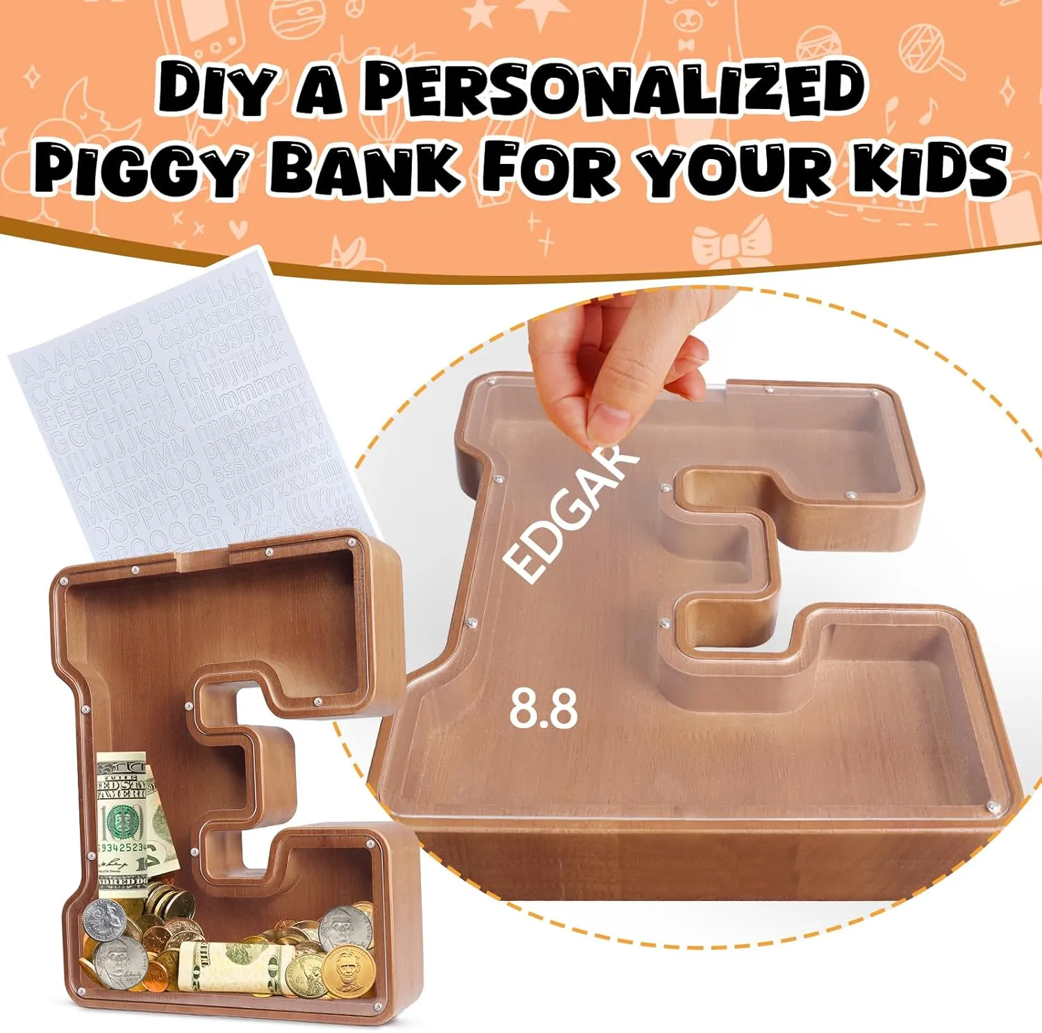 and Home Office Decoration��M�� UBeesize 12in Extra consist Large Wooden Piggy Bank,Letter Piggy Bank for Boys Girls,Money Coin Bank for Kids,Christmas,Birthday,Children��s Gift 