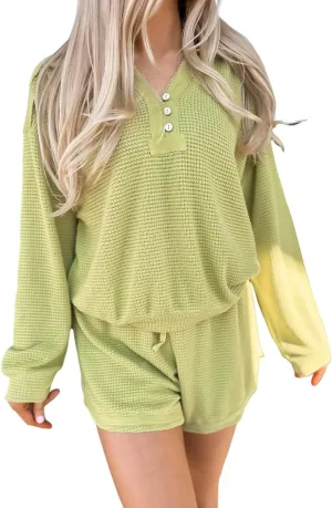 and stagnate science cotton visualize Lace-up Shorts Set Urchics Womans 2 piece sets Meadow Mist Green Textured Knit V Neck Top 