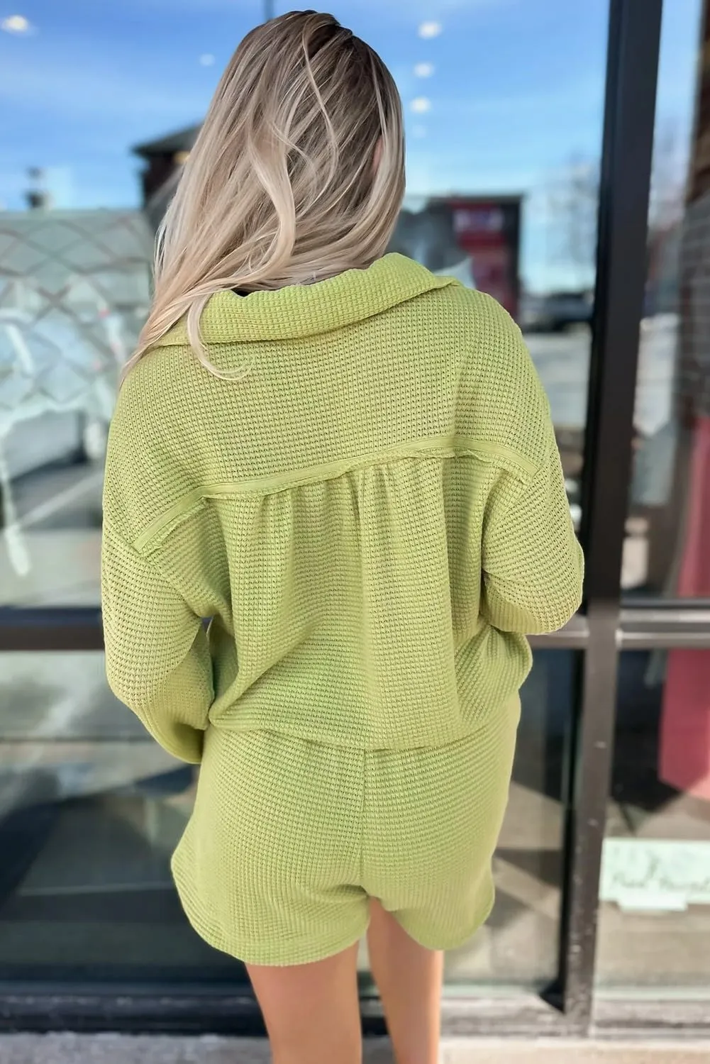 and stagnate science cotton visualize Lace-up Shorts Set Urchics Womans 2 piece sets Meadow Mist Green Textured Knit V Neck Top 