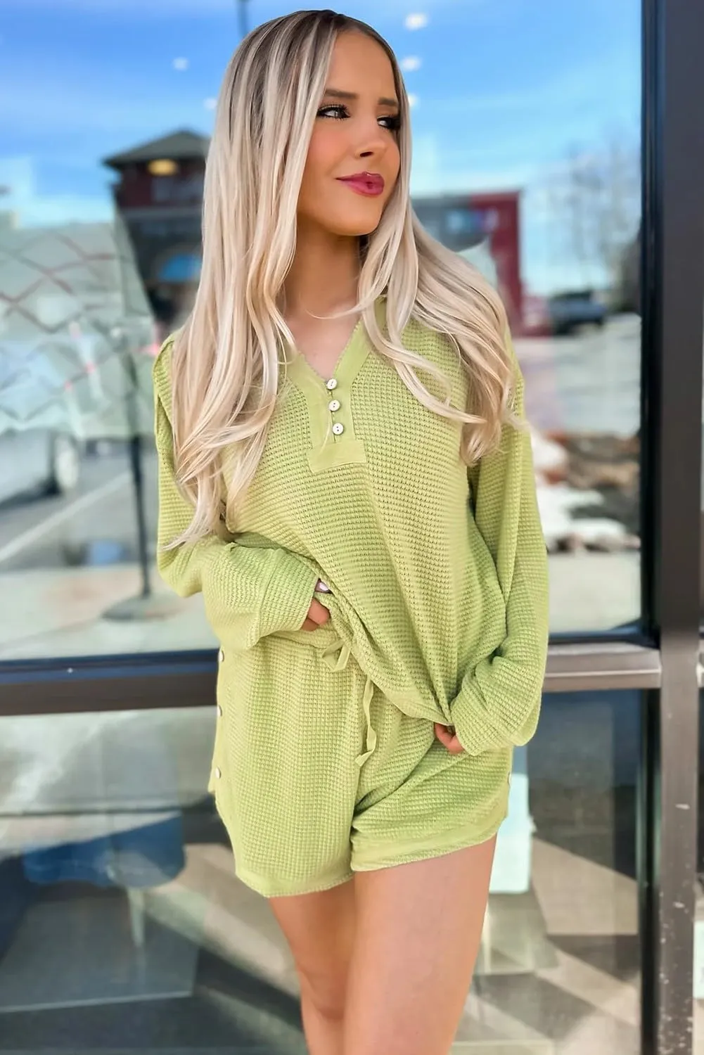 and stagnate science cotton visualize Lace-up Shorts Set Urchics Womans 2 piece sets Meadow Mist Green Textured Knit V Neck Top 