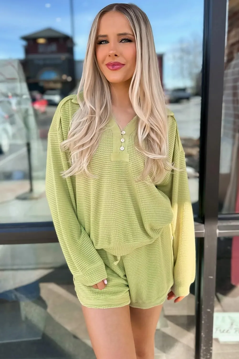 and stagnate science cotton visualize Lace-up Shorts Set Urchics Womans 2 piece sets Meadow Mist Green Textured Knit V Neck Top 