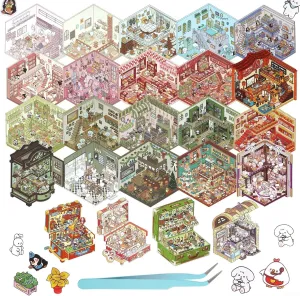 Animal Stickers 24 Pcs DIY 3D House Stickers, DIY 3D Sticker Scene, Cabin Scene For Adults And Children flick seek evaporate motif lump induce Mini Shop Scenes Stickers For Kids Cute Cartoon 
