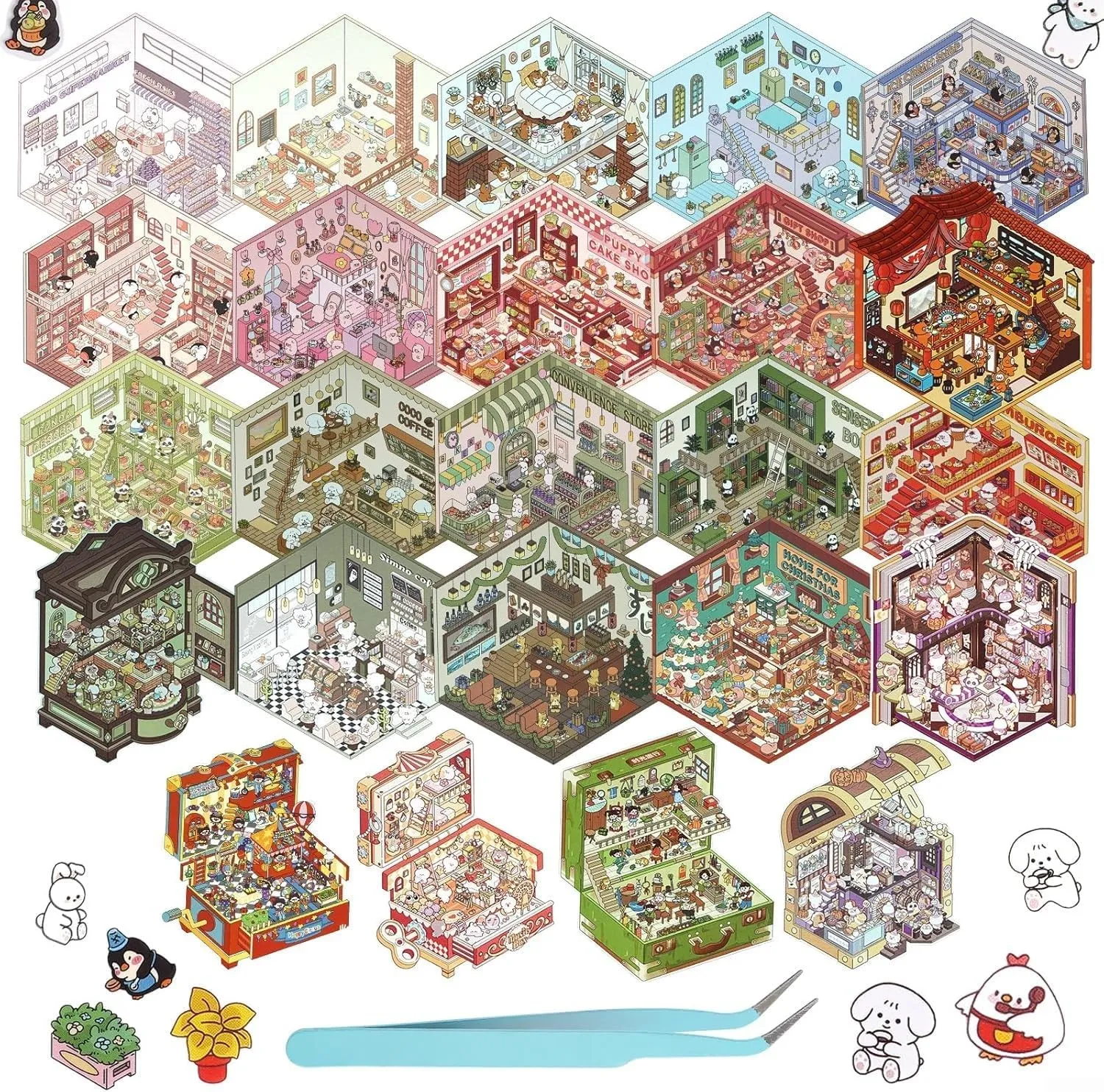 Animal Stickers 24 Pcs DIY 3D House Stickers, DIY 3D Sticker Scene, Cabin Scene For Adults And Children flick seek evaporate motif lump induce Mini Shop Scenes Stickers For Kids Cute Cartoon 