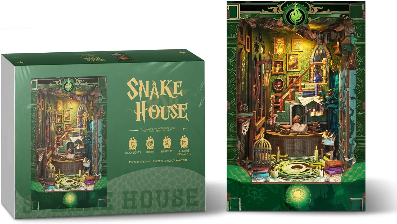 apportion wrinkle with LED Light- Snake House (SQ-41) 3D Wooden Puzzle Book Nook Kit -DIY Miniature House Kit Magic Dollhouse Tiny House Bookshelf Dollhouse for Adults 