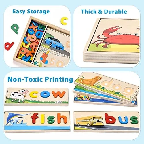 Atoylink Wooden Spell Learning Toys for 2 3 4 5 Year Old Kids Match Letter Spelling Game Board & Letters & Box, CVC Word Builder Toddler Educational Toy Kindergarten Preschool Learning Activities