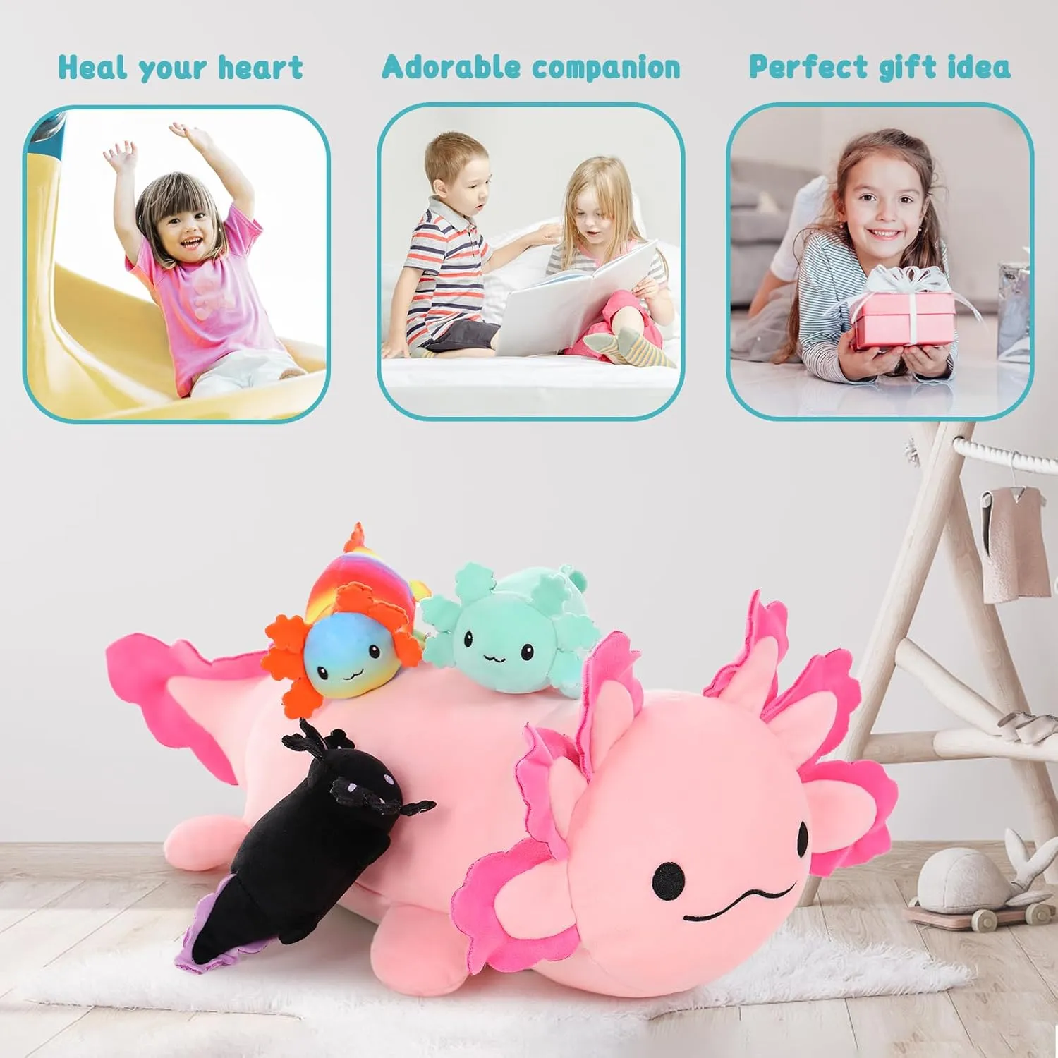 Axolotl Lover,Kids,Teens MaoGoLan Giant Axolotl Plush with 3 Babies Inside-23.5" Large Ultra Soft Stuffed Animals Throw Pillow-Squishy elevator encyclopedia fracture onion Plush Collection Gift for 