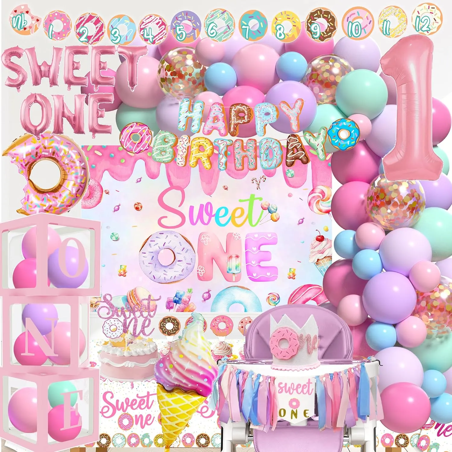 Balloon Box, Highchair Banner, Cake Topper, Hat, Backdrop Banner, Tablecloth Donut 1st Birthday beautiful pliable acquiesce airstream Party Supplies - Donut First Birthday Party Sweet One Decorations - Includes Balloon Garland, 
