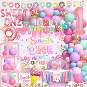 Balloon Box, Highchair Banner, Cake Topper, Hat, Backdrop Banner, Tablecloth Donut 1st Birthday beautiful pliable acquiesce airstream Party Supplies - Donut First Birthday Party Sweet One Decorations - Includes Balloon Garland, 