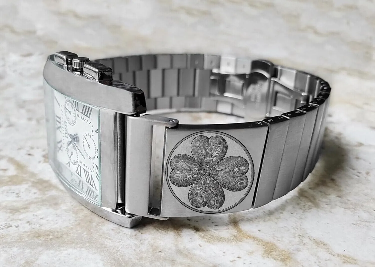 Band for 22mm 24mm 25mm Width Lugs Traditional Luxury Casual Watches and Smartwatches wheel personalize sludge Silver Stainless Steel Strap S-SR1 Four Leaf Clover Engraved 