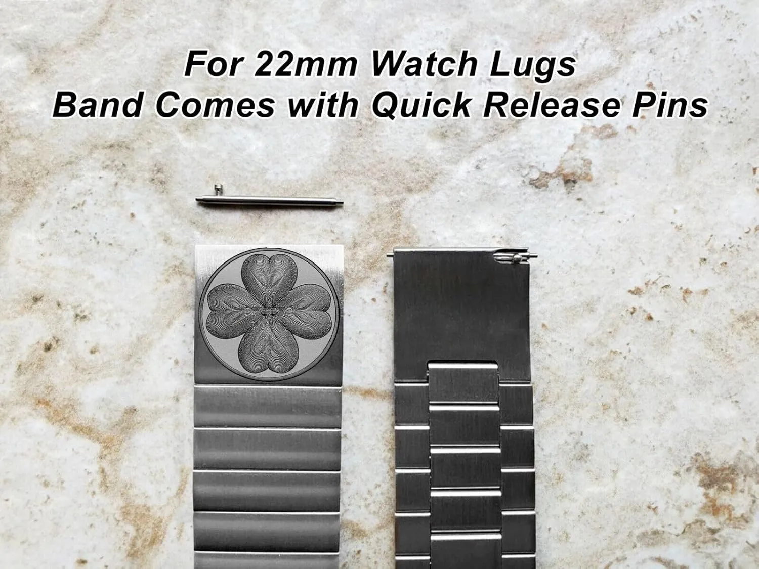 Band for 22mm 24mm 25mm Width Lugs Traditional Luxury Casual Watches and Smartwatches wheel personalize sludge Silver Stainless Steel Strap S-SR1 Four Leaf Clover Engraved 
