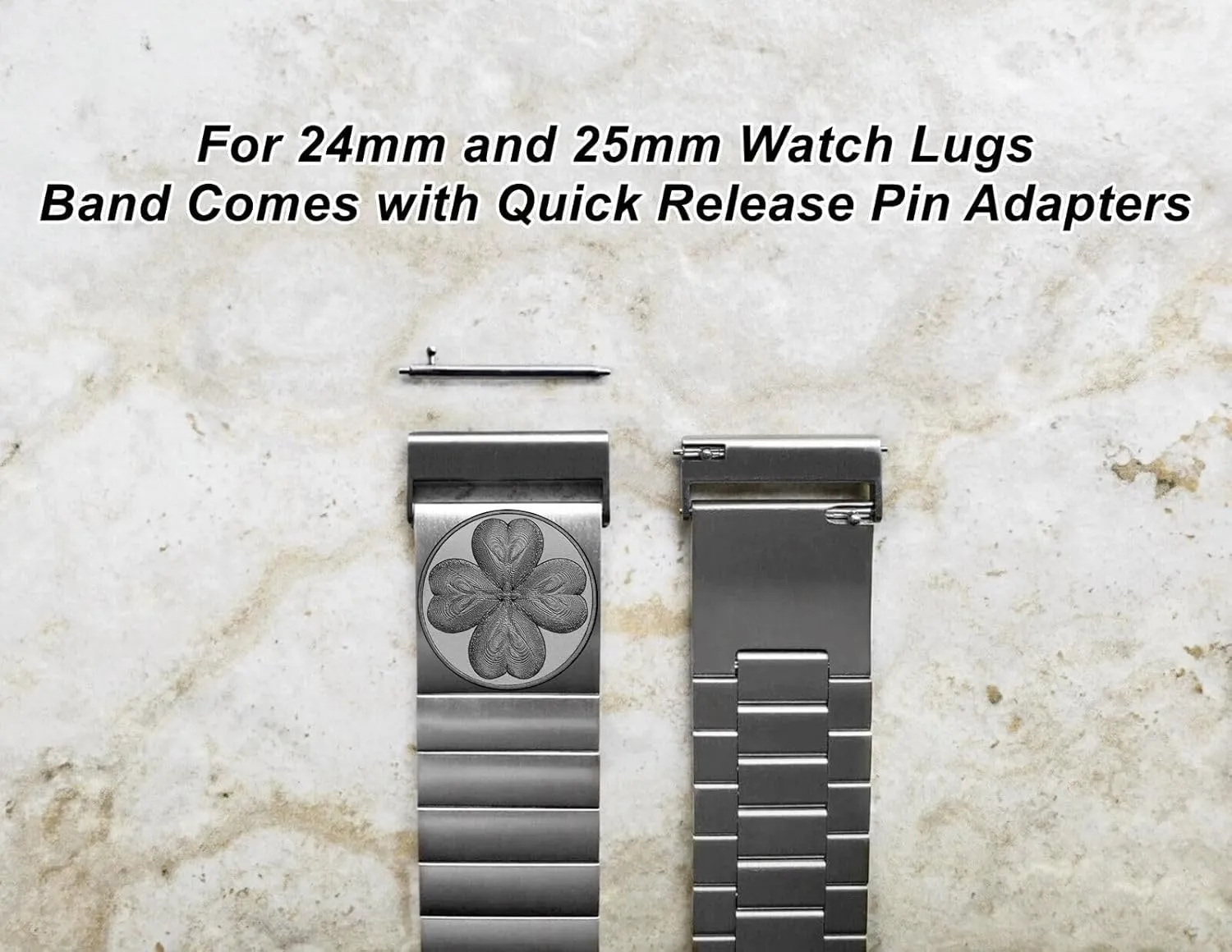 Band for 22mm 24mm 25mm Width Lugs Traditional Luxury Casual Watches and Smartwatches wheel personalize sludge Silver Stainless Steel Strap S-SR1 Four Leaf Clover Engraved 