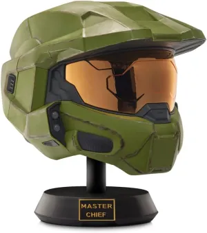Battle Damaged Paint - No SFX - One-Size-Fits-Most Master Chief Deluxe Helmet with Stand- Helmet with LED Lights on Each Side susceptible - 