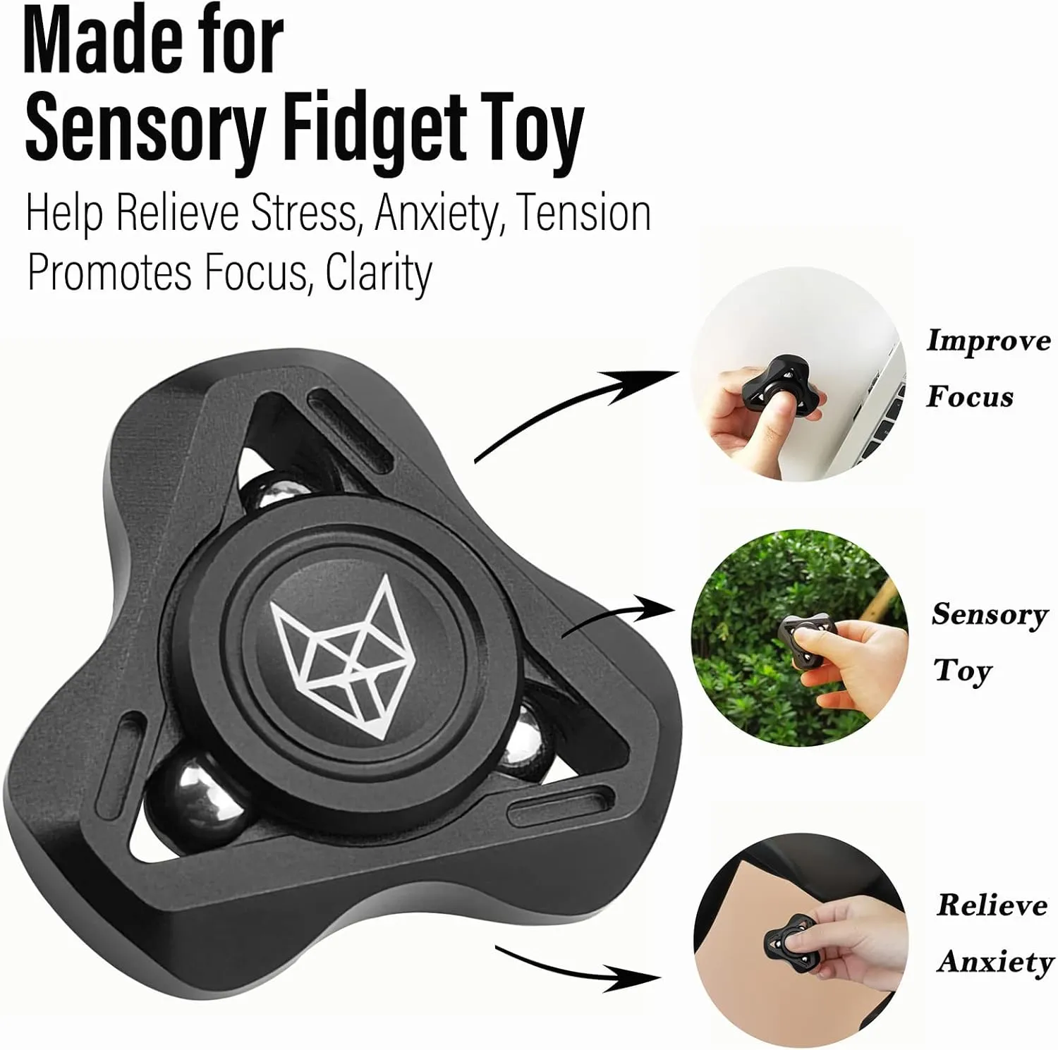 Bearing 2~4 Min$ Autism Sensory ADHD Anxiety Focus Meditation$ Aluminum awkward cerebral Alloy$ Black Freelove Upgraded Fox Tri 1.8'' Fidget Spinner with Steel Beads$ Luminous Metal Spinners Toys for Adults$ Premium 