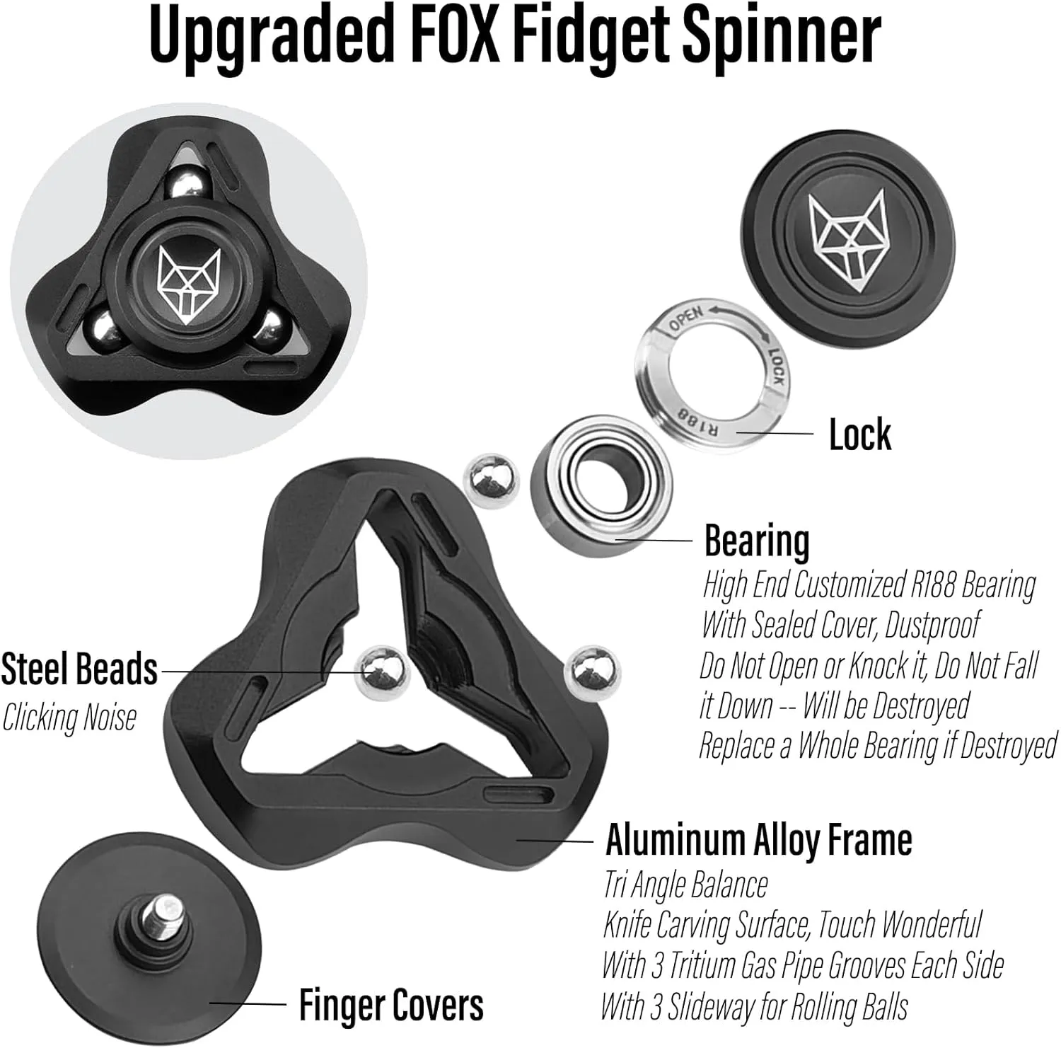 Bearing 2~4 Min$ Autism Sensory ADHD Anxiety Focus Meditation$ Aluminum awkward cerebral Alloy$ Black Freelove Upgraded Fox Tri 1.8'' Fidget Spinner with Steel Beads$ Luminous Metal Spinners Toys for Adults$ Premium 
