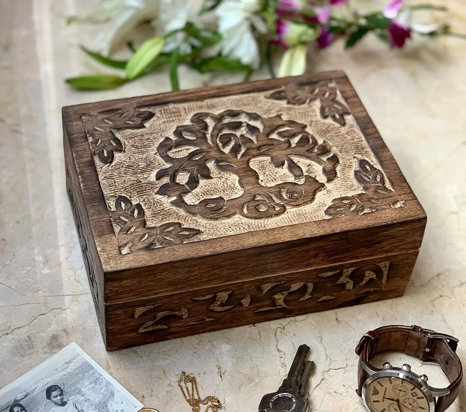 Birthday Gift Handmade Decorative Wooden Jewelry Box - Tree of Life Carving Organizer, Keepsake Treasure Chest, Trinket Holder, Watch Storage With naturalism Lock - Housewarming Gift (Brown) Great 