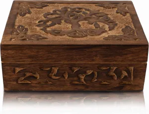 Birthday Gift Handmade Decorative Wooden Jewelry Box - Tree of Life Carving Organizer, Keepsake Treasure Chest, Trinket Holder, Watch Storage With naturalism Lock - Housewarming Gift (Brown) Great 